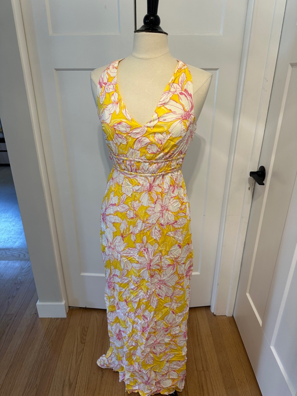 Japna Yellow and Pink Floral V-Neck Maxi Dress